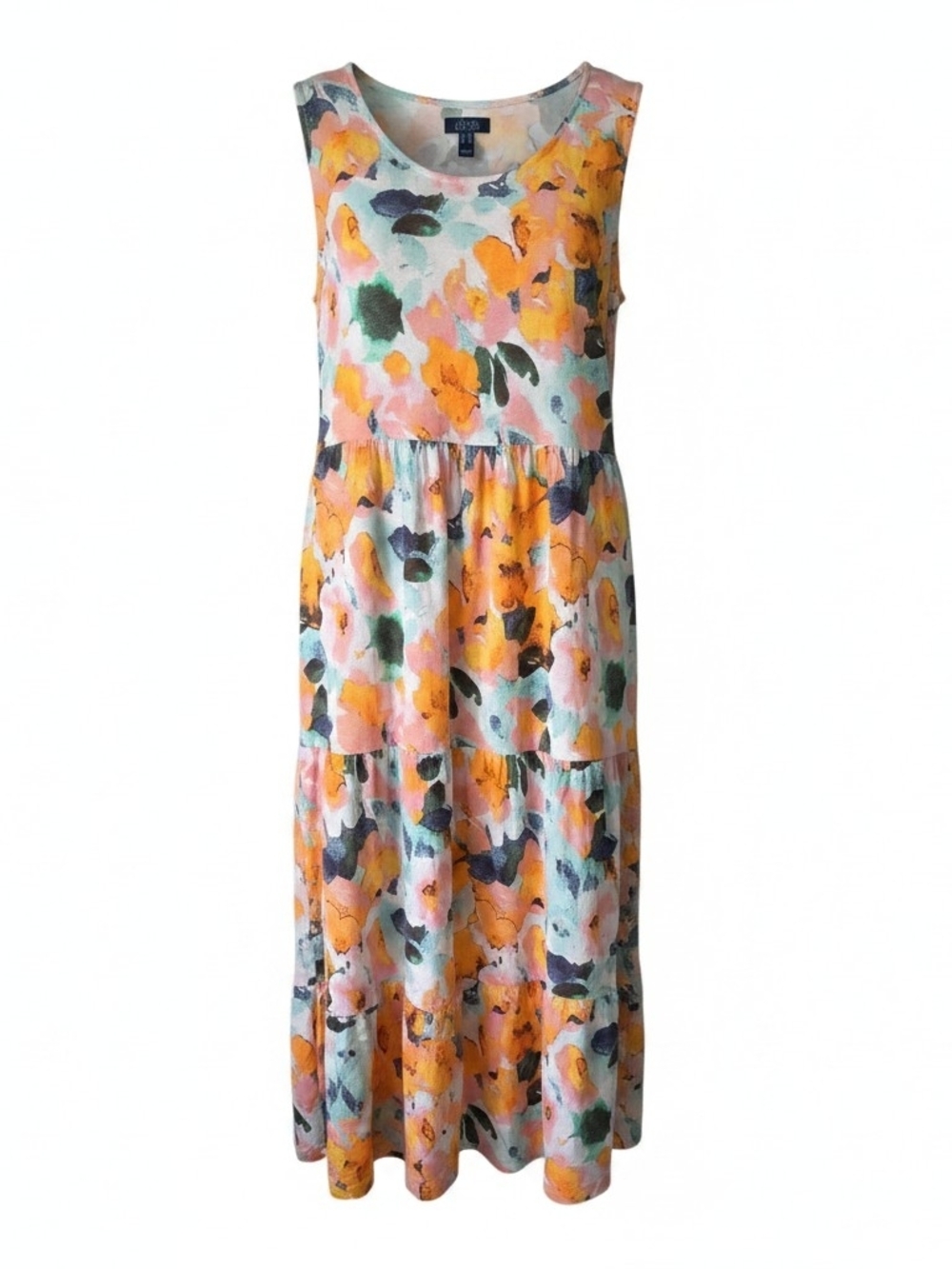 DENIM & CO | Beach Abstract Floral Linen Blend Tiered Midi Jersey Sundress | M